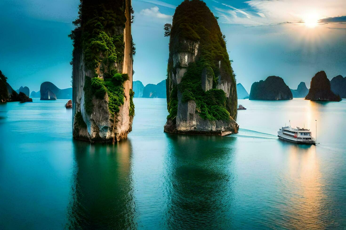 a Sol conjuntos sobre a água dentro Halong baía, Vietnã. gerado por IA foto