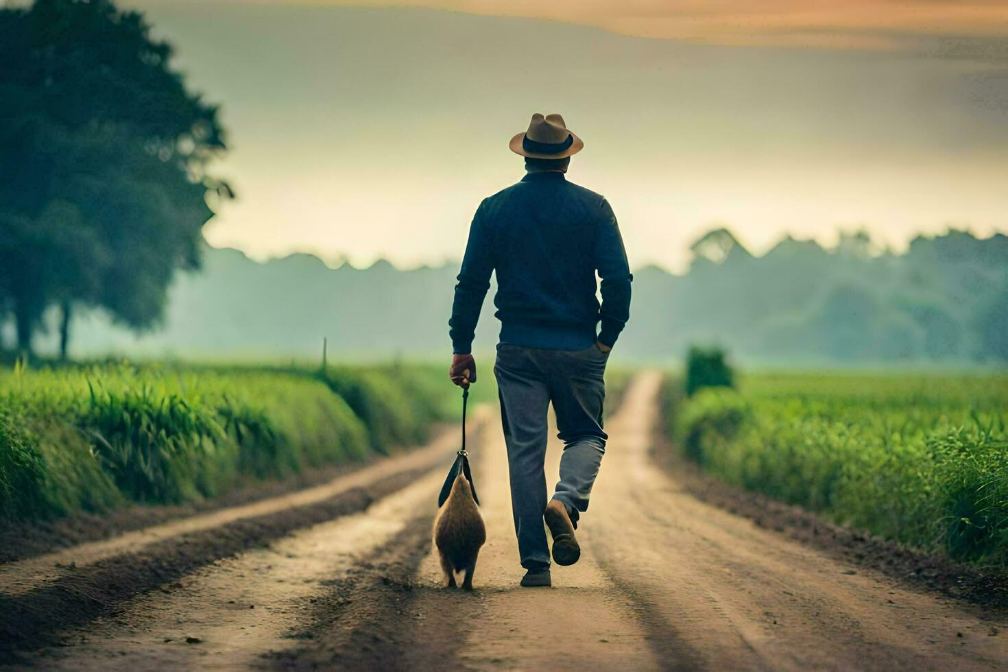 uma homem caminhando dele cachorro baixa uma sujeira estrada. gerado por IA foto