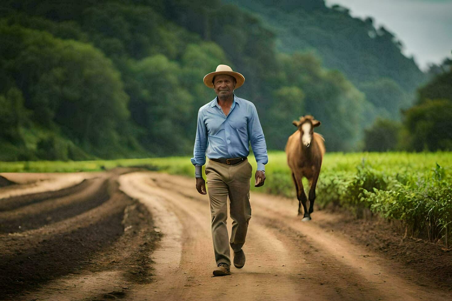 uma homem dentro uma chapéu caminhando baixa uma sujeira estrada com uma cavalo. gerado por IA foto