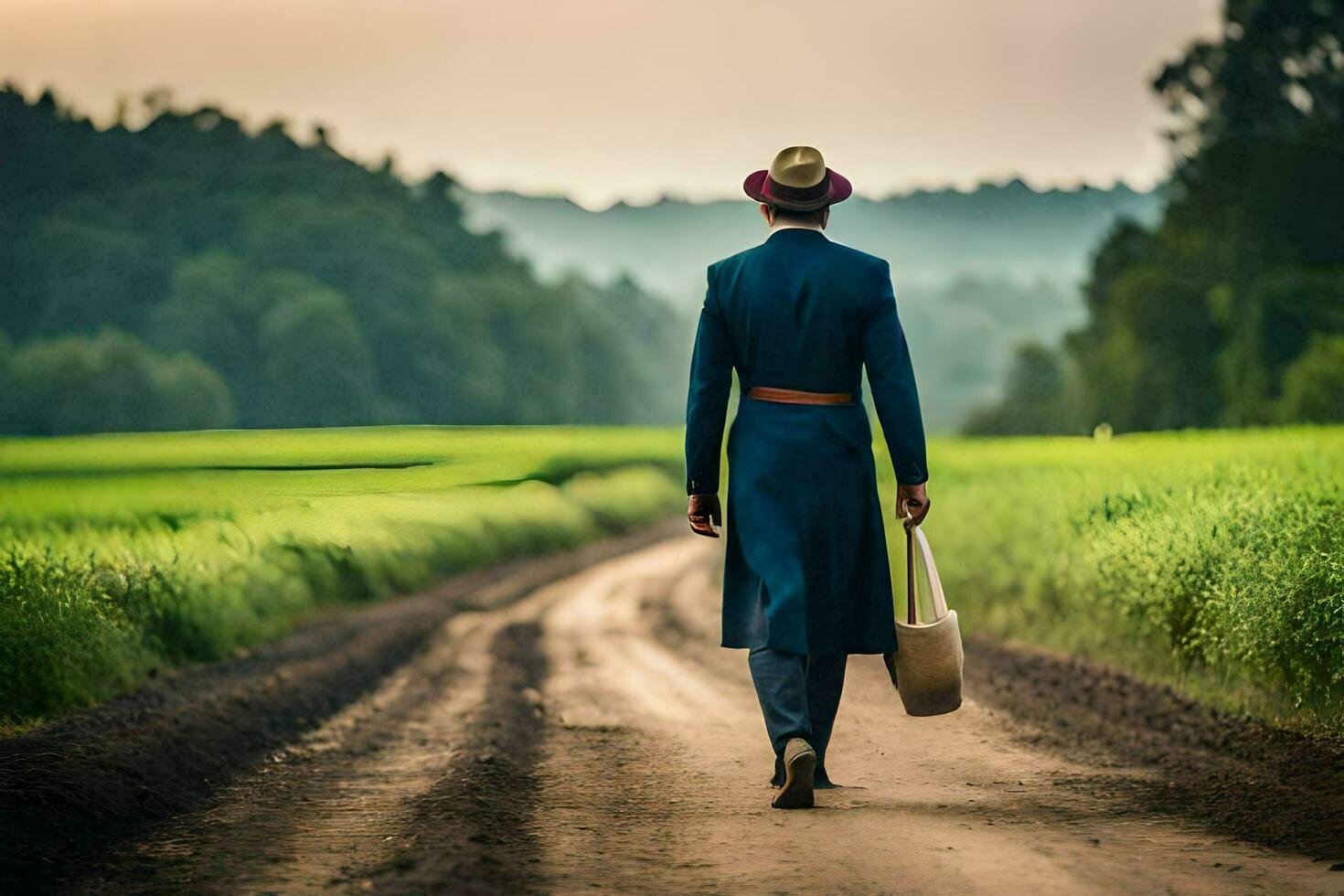 uma homem dentro uma azul terno e chapéu caminhando baixa uma sujeira estrada. gerado por IA foto