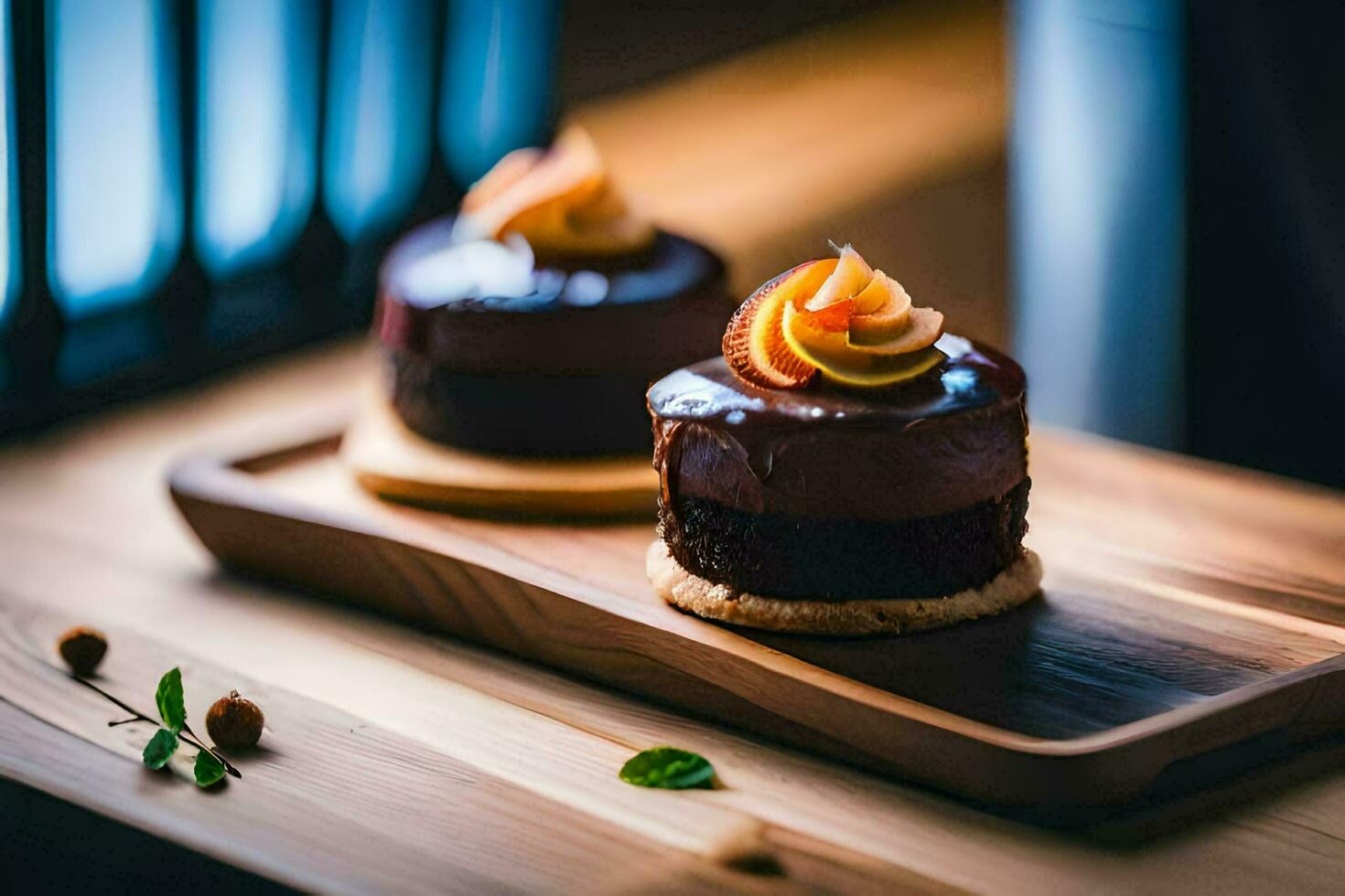 dois chocolate bolos em uma de madeira bandeja. gerado por IA foto