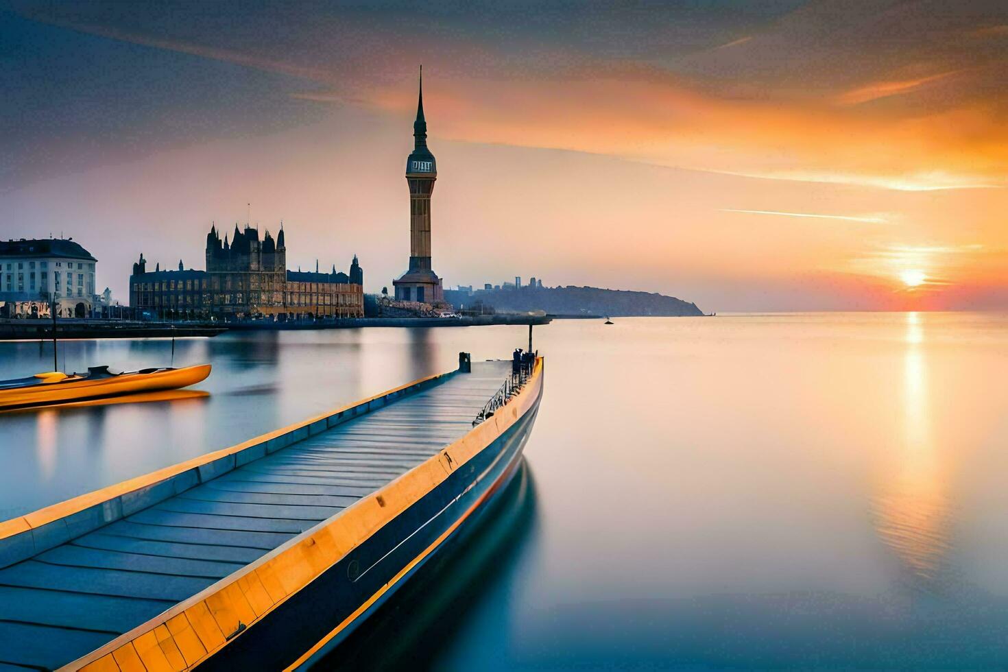 a Sol sobe sobre a água e a grande ben relógio torre dentro Londres. gerado por IA foto