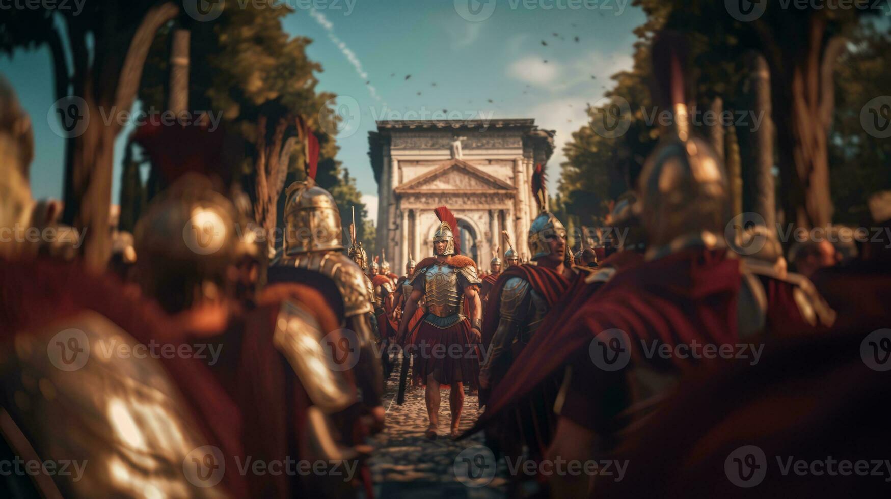 a inspirador imagem capturando uma romano legião marcha através uma grande triunfal arco, simbolizando seus vitorioso campanhas e imperial conquistas. generativo ai foto