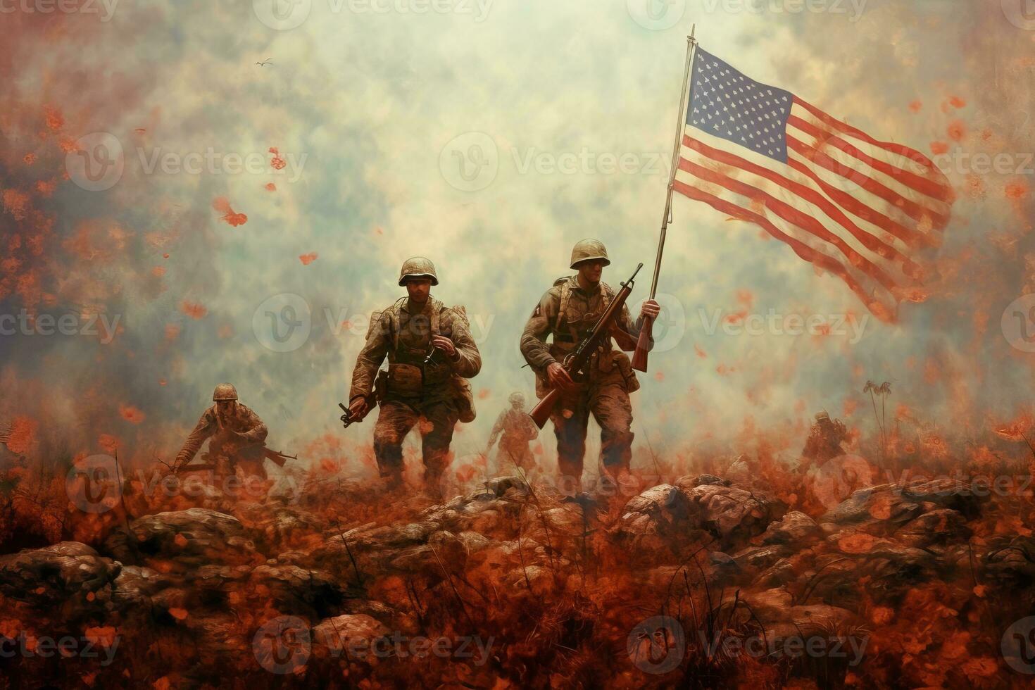 ilustração do americano fuzileiros navais sobre americano bandeira dentro vintage estilo arte. generativo ai foto