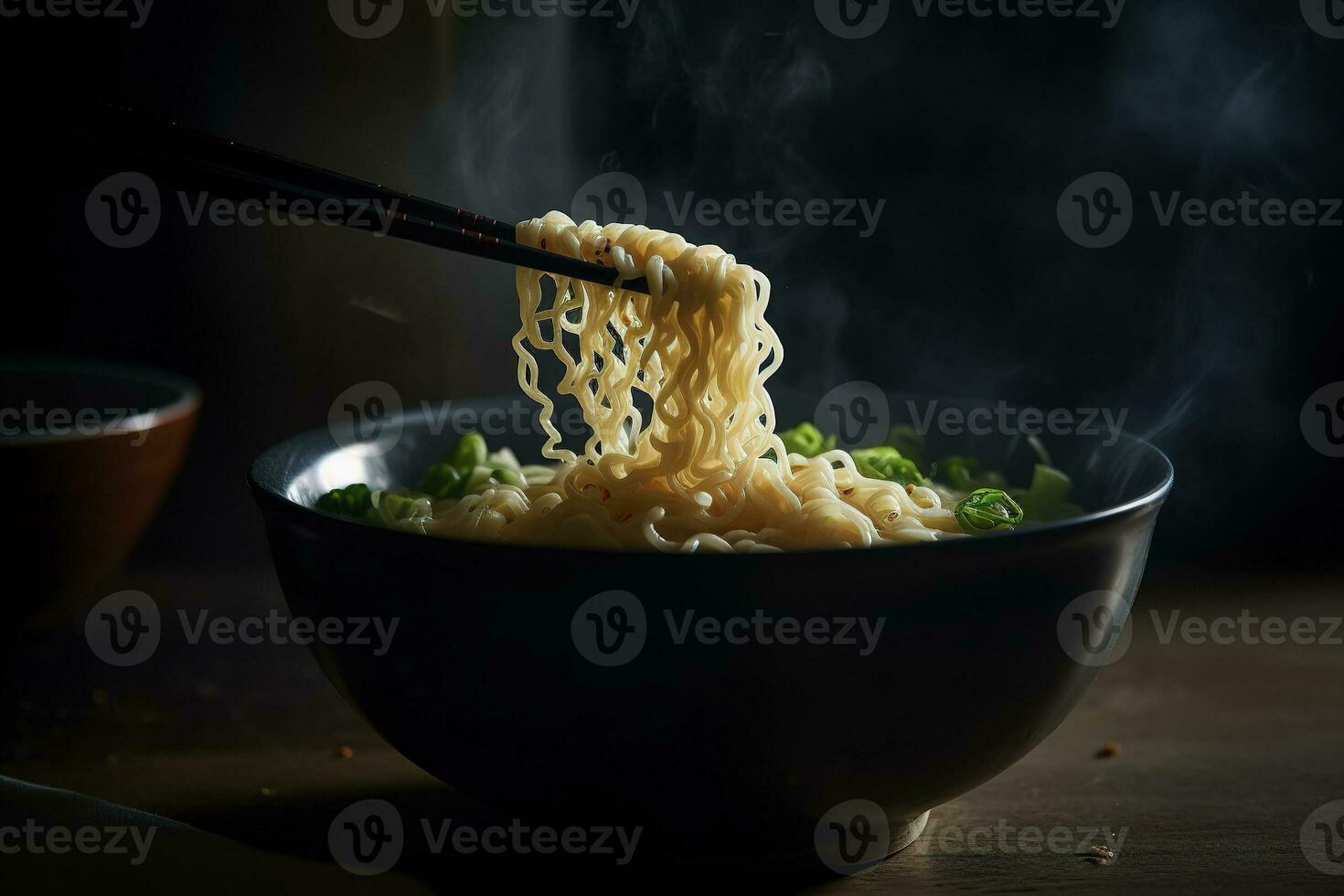 uma tigela do ramen Macarrão com pauzinhos e verde cebolas, com vapor Aumentar a partir de a tigela. generativo ai foto