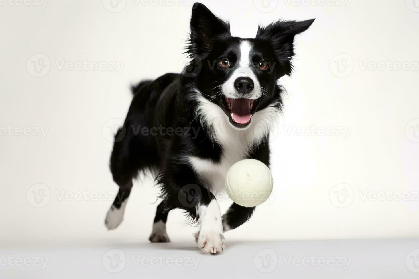 uma brincalhão, açao tiro do uma cachorro alegremente pegando uma brinquedo bola, capturando a canino energia, agilidade, e amor para hora de brincar em branco fundo. generativo ai foto