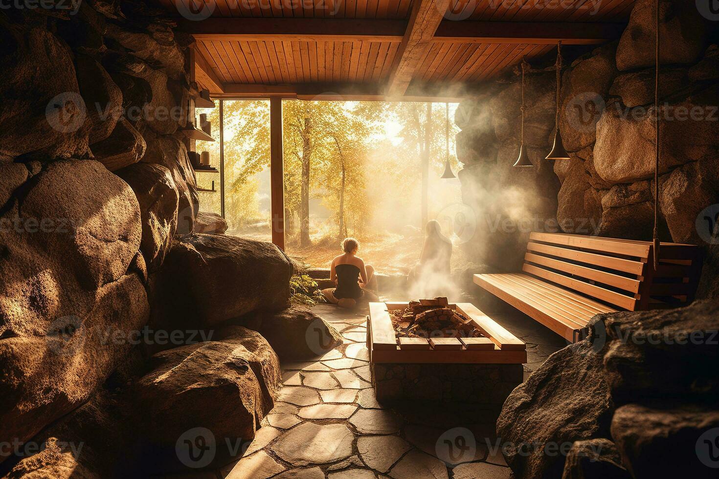 uma relaxante cena do uma sauna. a imagem mostrar uma sauna quarto com pessoas sentado em de madeira bancos e vapor Aumentar a partir de a pedras. caloroso cor paleta para crio uma sentido do relaxamento. generativo ai foto