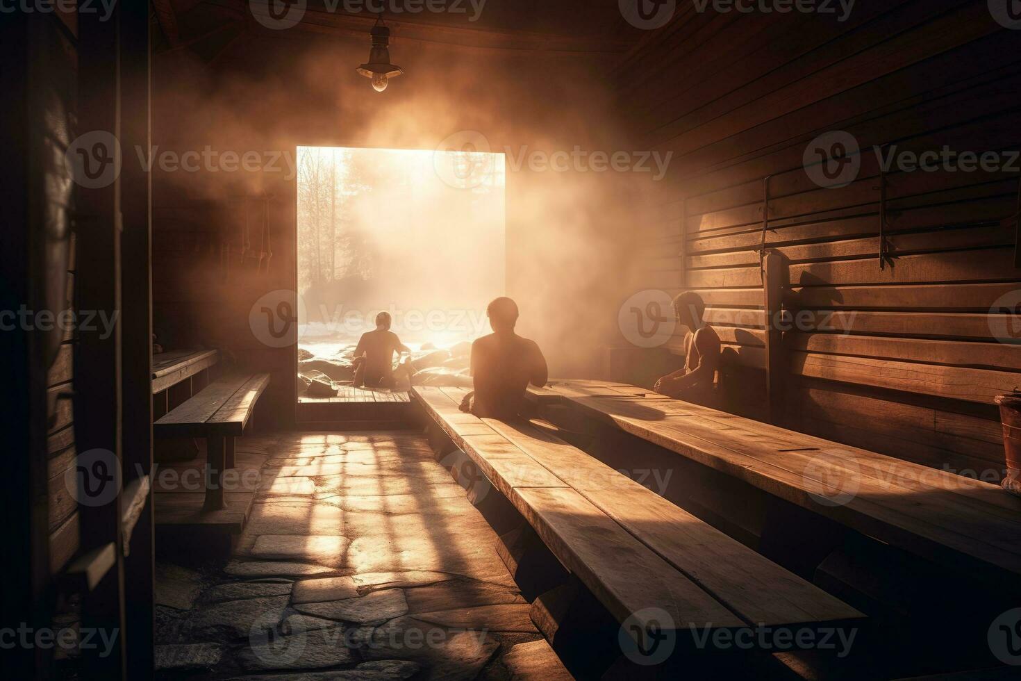 uma relaxante cena do uma sauna. a imagem mostrar uma sauna quarto com pessoas sentado em de madeira bancos e vapor Aumentar a partir de a pedras. caloroso cor paleta para crio uma sentido do relaxamento. generativo ai foto