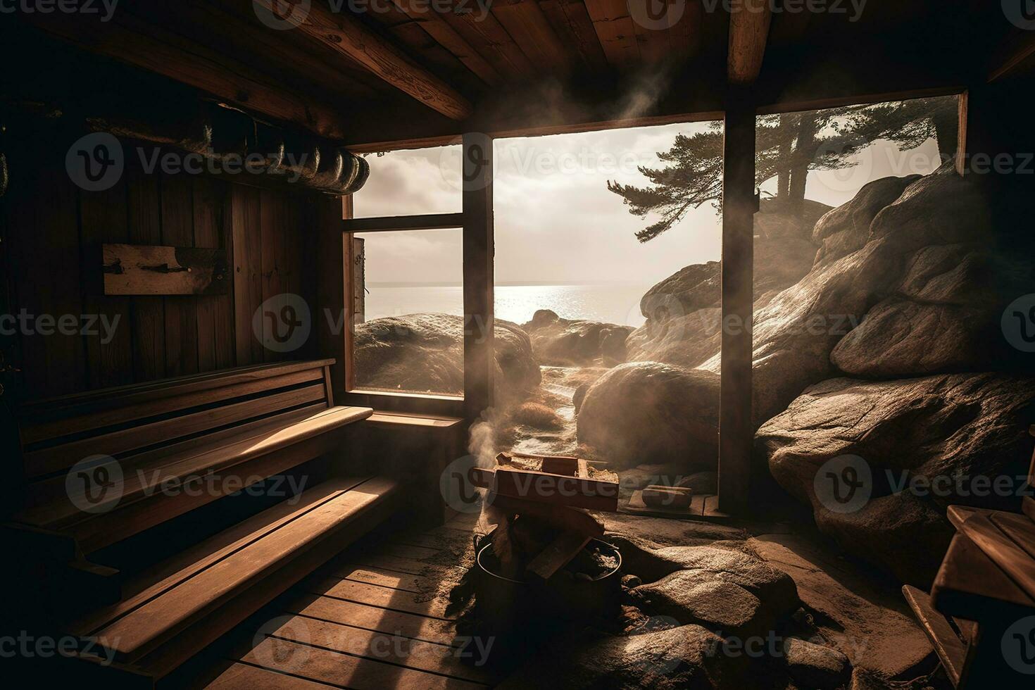 a imagem mostrar uma sauna quarto com pessoas sentado em de madeira bancos e vapor Aumentar a partir de a pedras. caloroso cor paleta para crio uma sentido do relaxamento. generativo ai foto