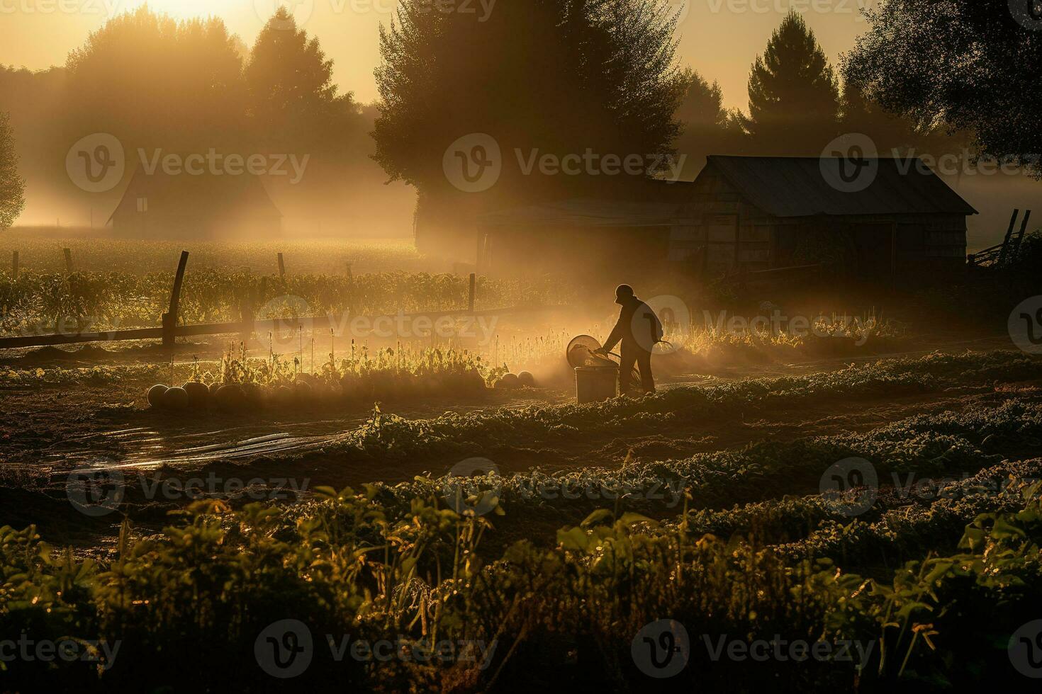 uma sereno, cedo manhã vegetal colheita, capturando a coberto de orvalho plantas, a macio, dourado luz do nascer do sol, e a pacífico atmosfera do uma Fazenda antes a dia trabalhos começa. generativo ai. foto