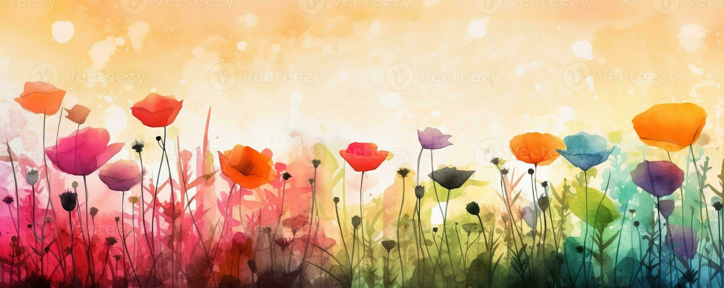 abstrato colorida flor Prado em aguarela papel fundo. floral bandeira conceito. generativo ai. foto