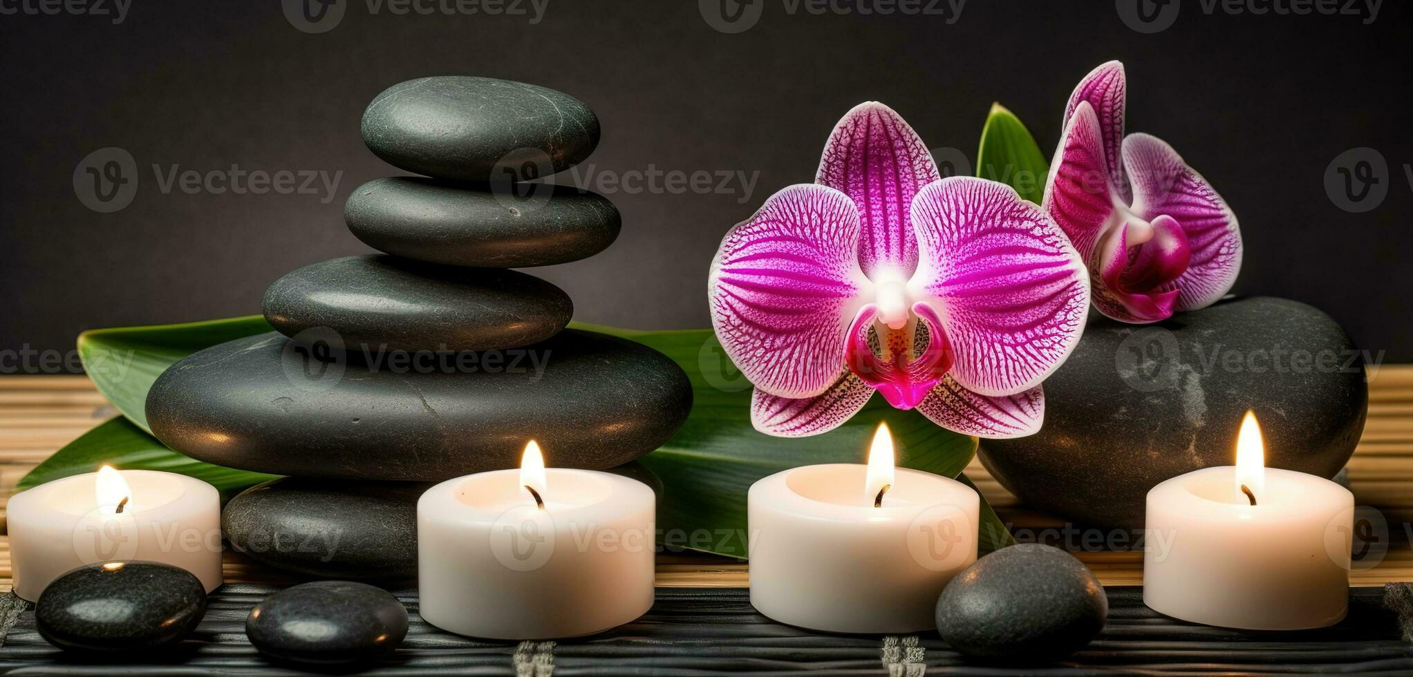 spa massagem basalto pedras com velas, lótus flores, orquídea flor e toalhas em bambu esteira. generativo ai. foto