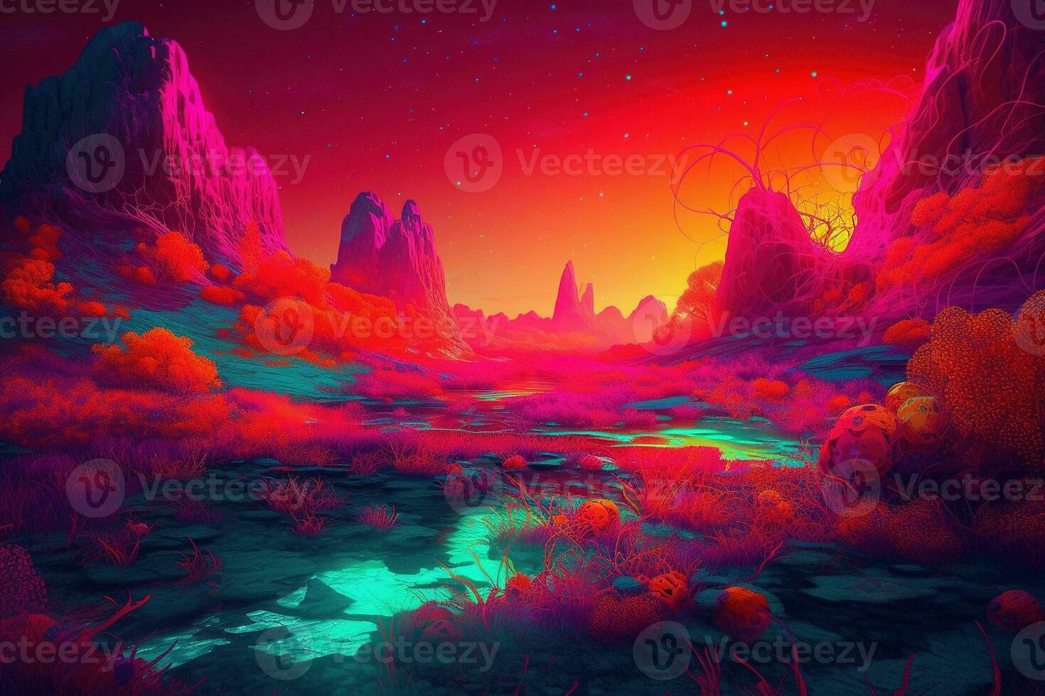 surreal e imaginativo paisagem dos sonhos preenchidas com fluorescente cores. a cena é sobrenatural e fantástico, com cores Misturando juntos para crio uma hipnotizante efeito. generativo ai foto