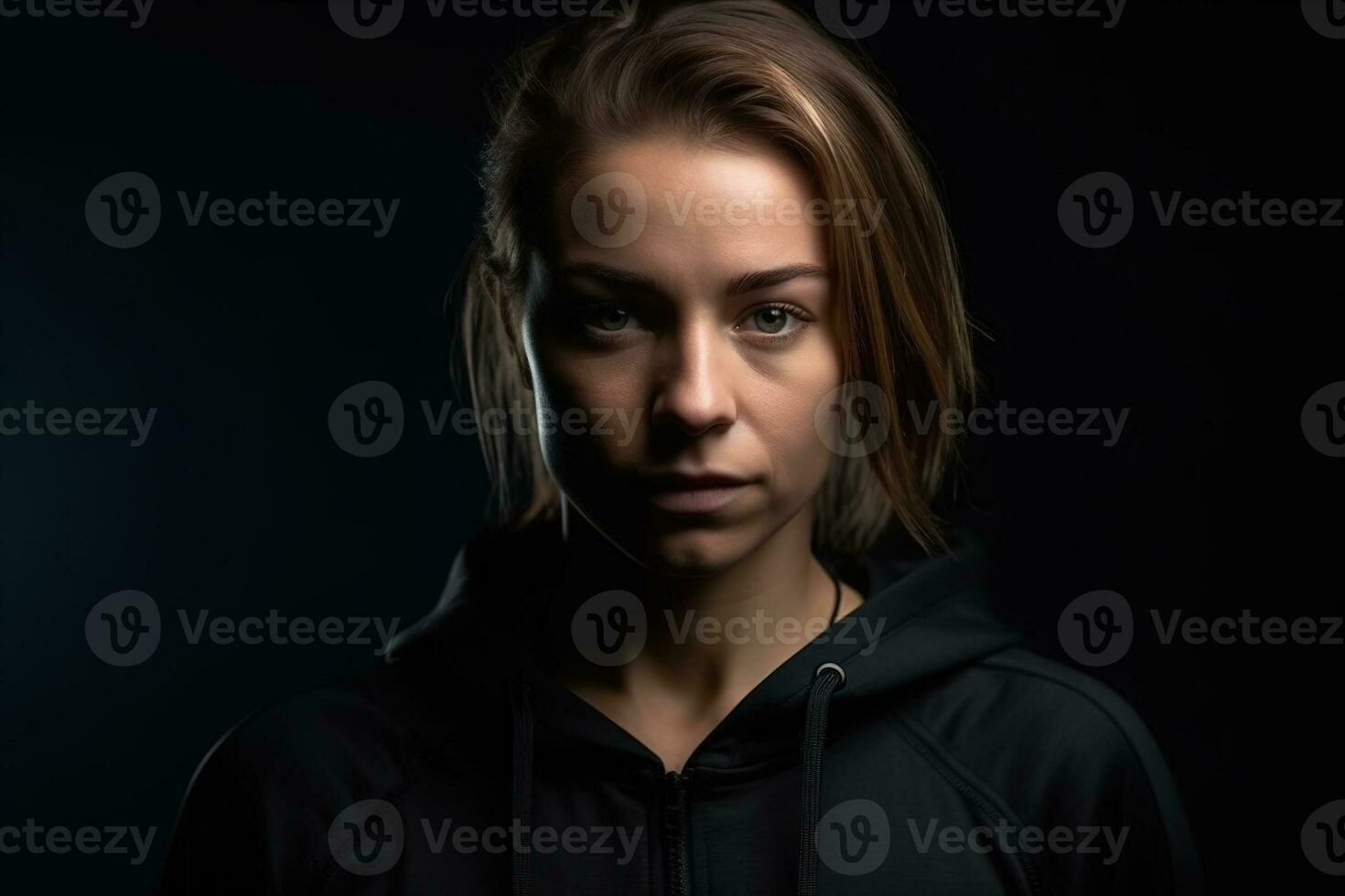 jovem Atlético mulher dentro roupa de esporte poses para a Câmera contra uma Preto fundo. generativo ai foto