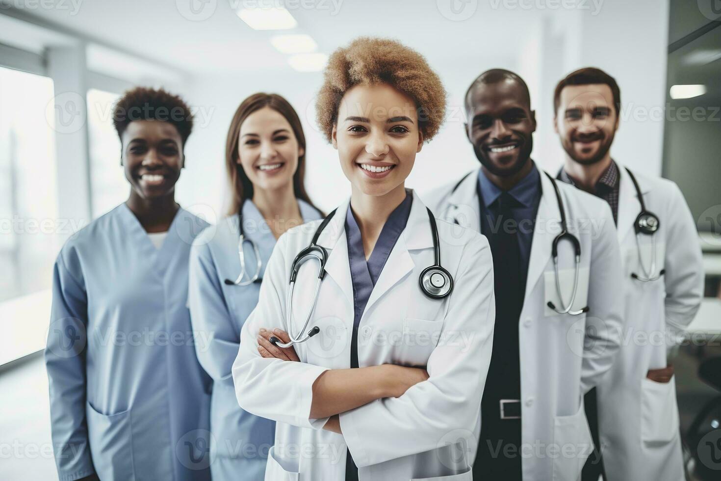 publicidade retrato tiro do uma médico equipe em pé juntos dentro uma hospital e elas Veja às a Câmera. generativo ai. foto