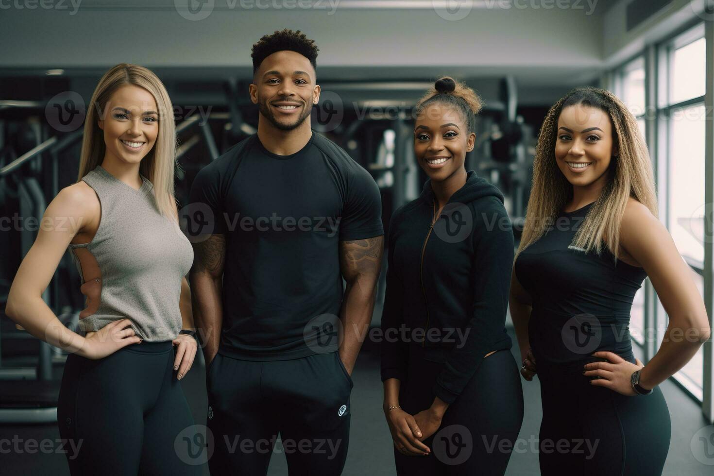 publicidade retrato tiro do uma pessoal treinador equipe em pé juntos dentro uma Academia e elas Veja às a Câmera. generativo ai. foto