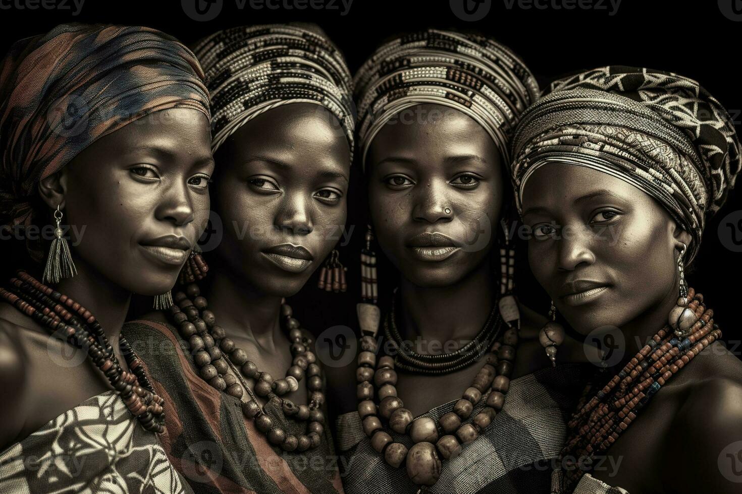 uma grupo retrato do quatro geração africano mulher dentro tradicional cocar. generativo ai foto