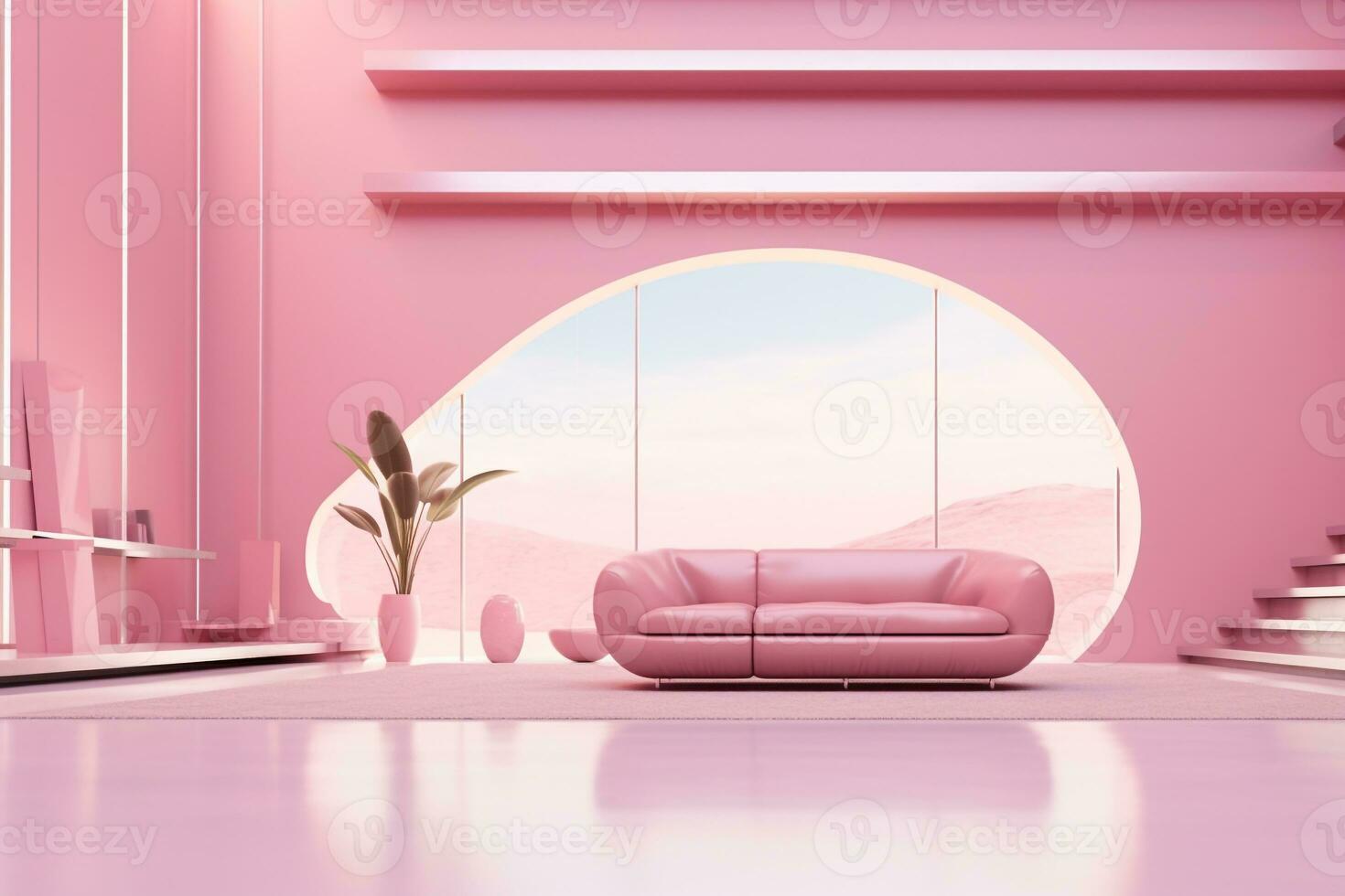 futurismo Rosa vivo quarto com cópia de com sofá e plantas espaço dentro a futuro.criado com generativo ai tecnologia. foto