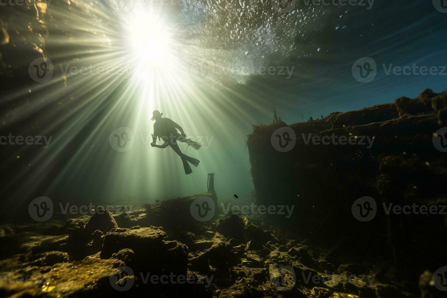 livre mergulhador explorando uma naufrágio ai generativo foto