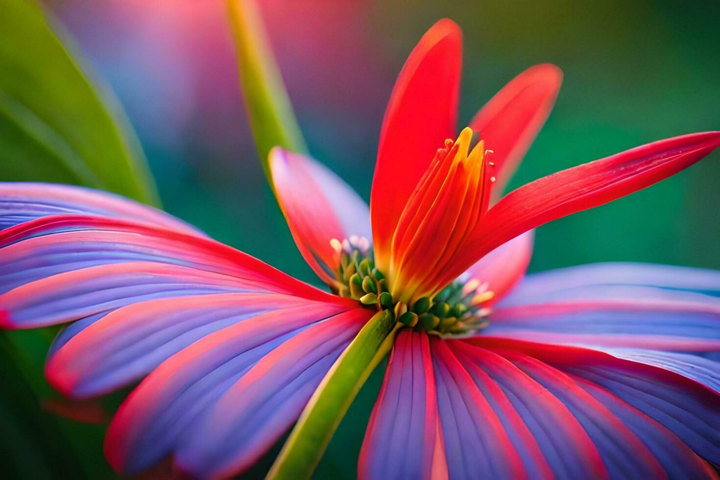 uma fechar acima do uma vermelho e roxa flor. gerado por IA foto