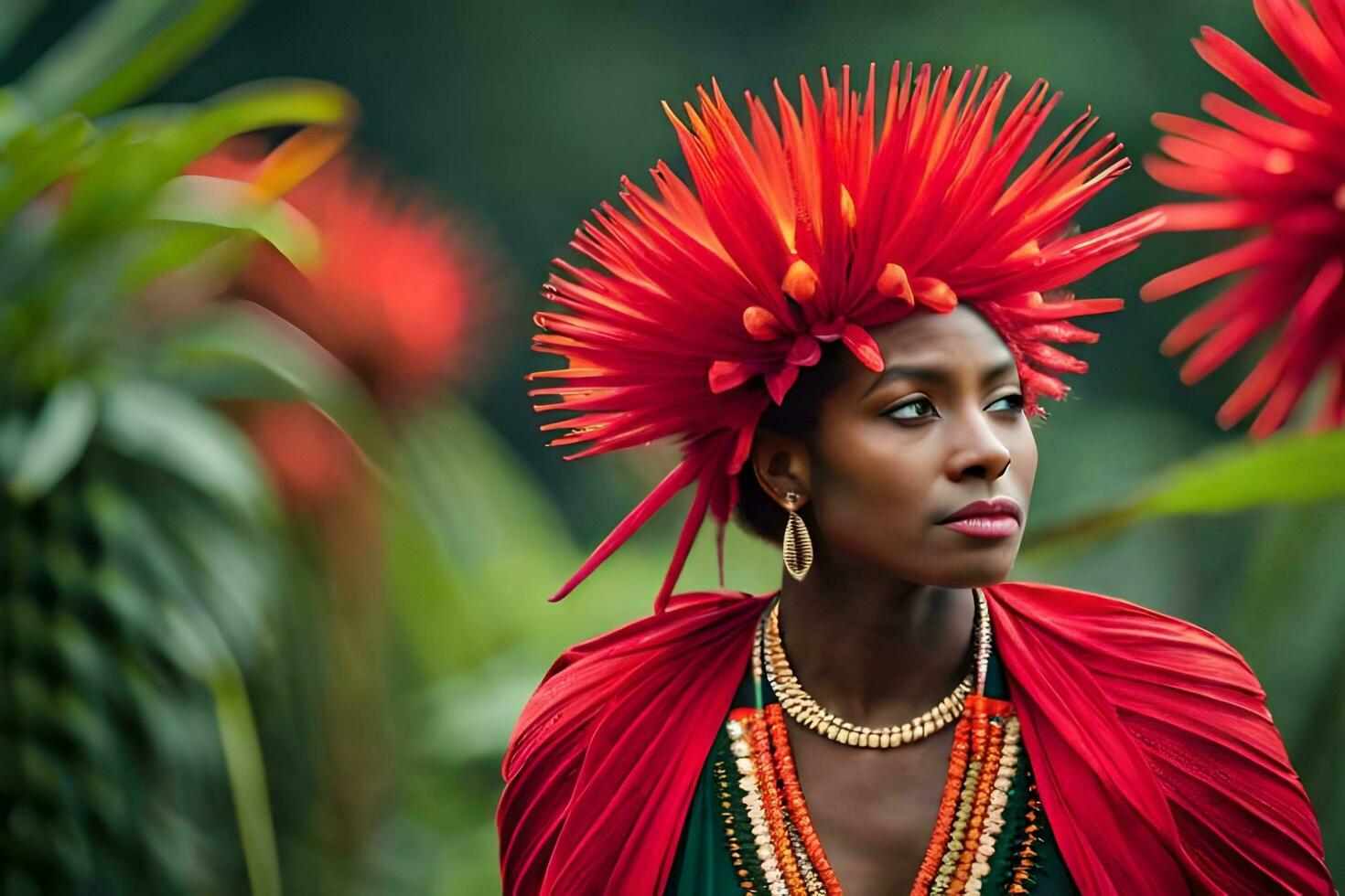 uma mulher dentro uma vermelho vestir e flor cocar. gerado por IA foto