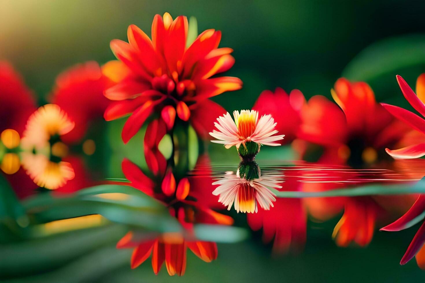 vermelho flores dentro água com verde folhas. gerado por IA foto