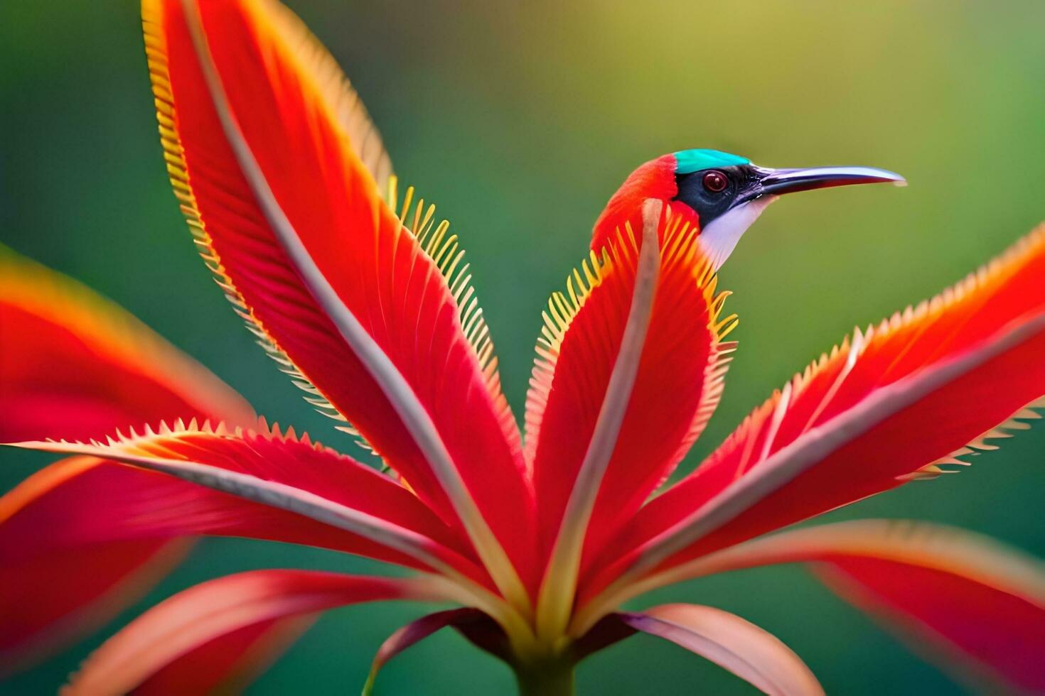 uma pássaro é empoleirado em uma vermelho flor. gerado por IA foto