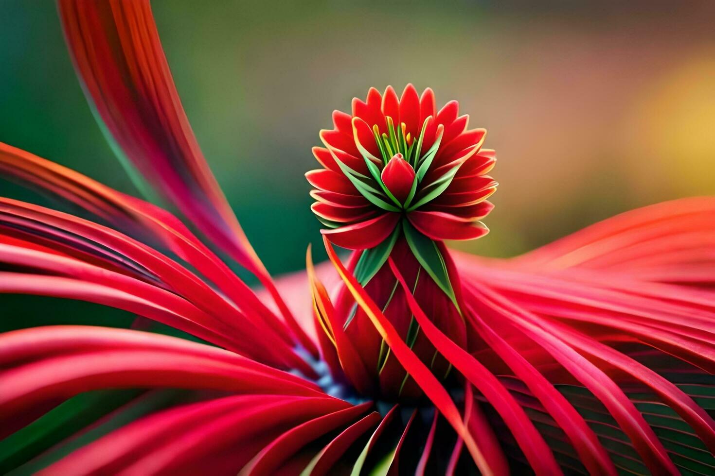 uma fechar acima do uma vermelho flor com uma verde Centro. gerado por IA foto