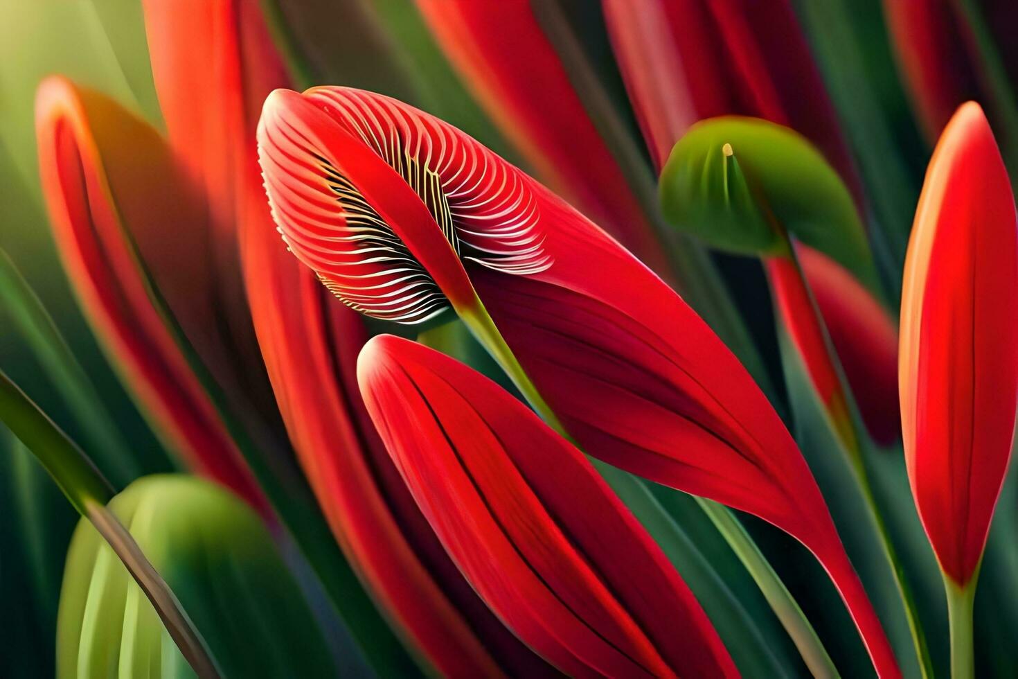 uma pintura do vermelho flores com verde folhas. gerado por IA foto