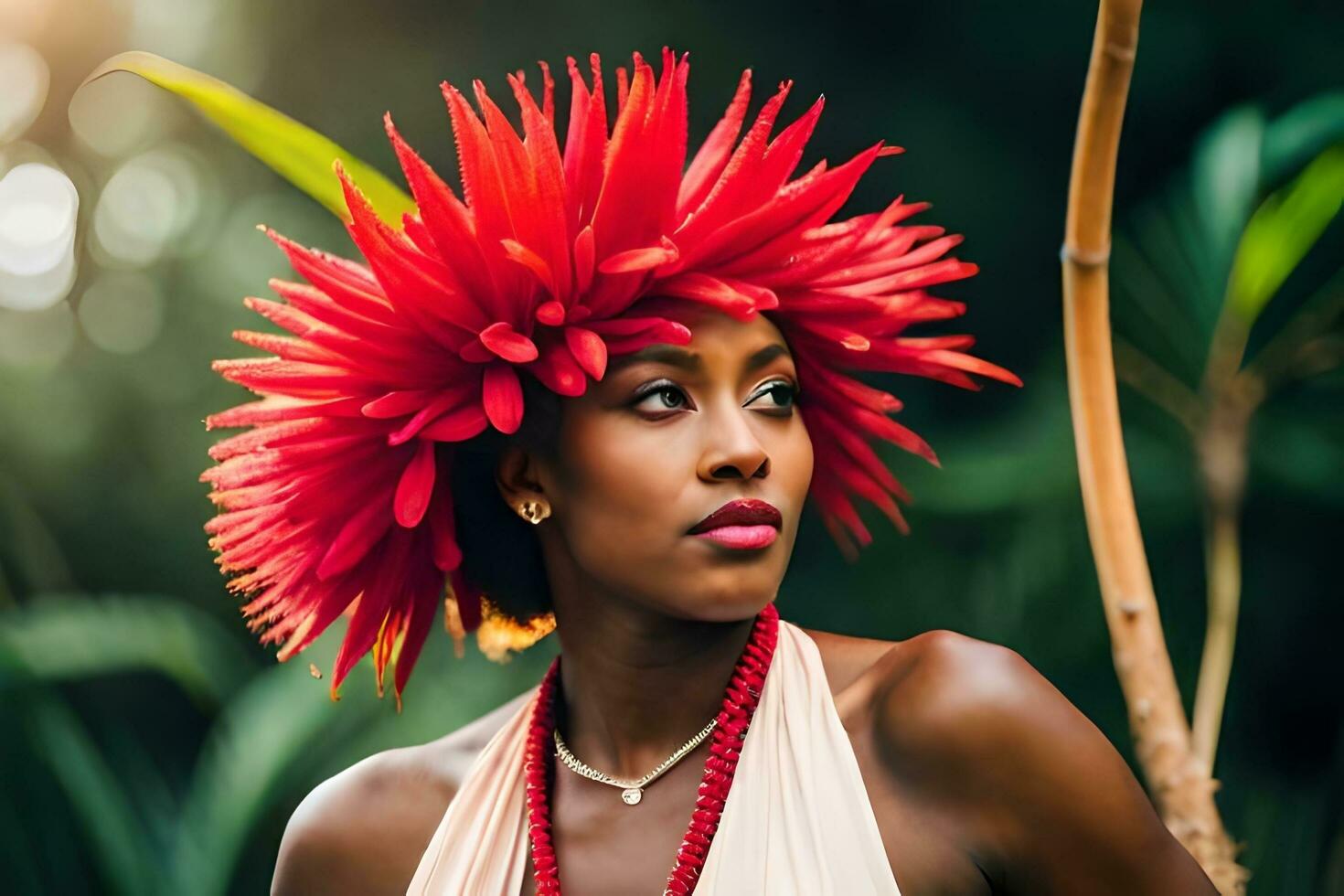 uma lindo mulher com vermelho flores em dela cabeça. gerado por IA foto