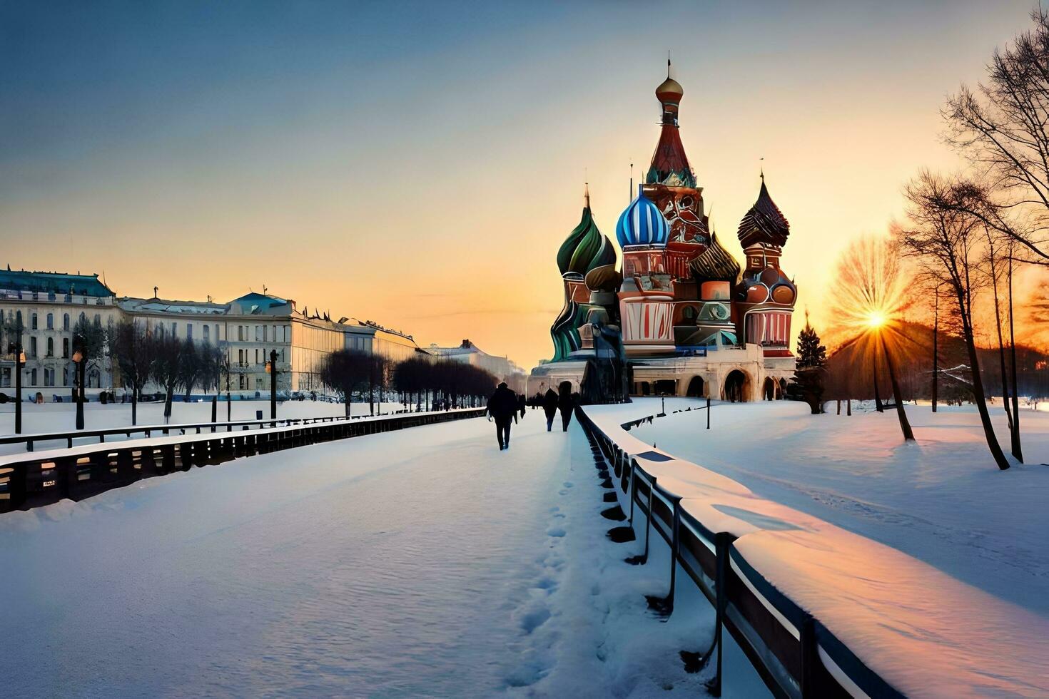 a Sol conjuntos sobre a vermelho quadrado dentro Moscou. gerado por IA foto