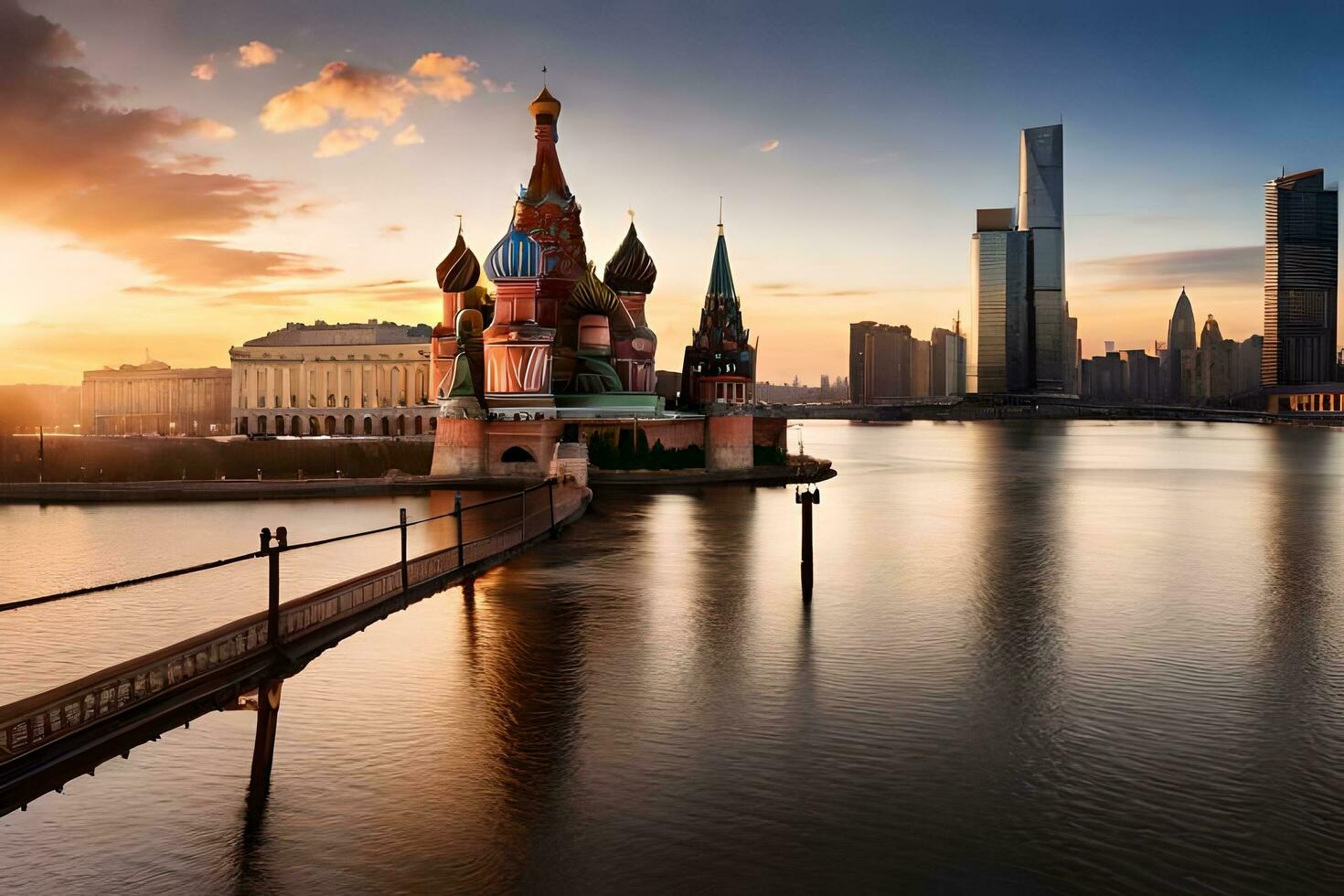 a kremlin e a Moscou Horizonte às pôr do sol. gerado por IA foto