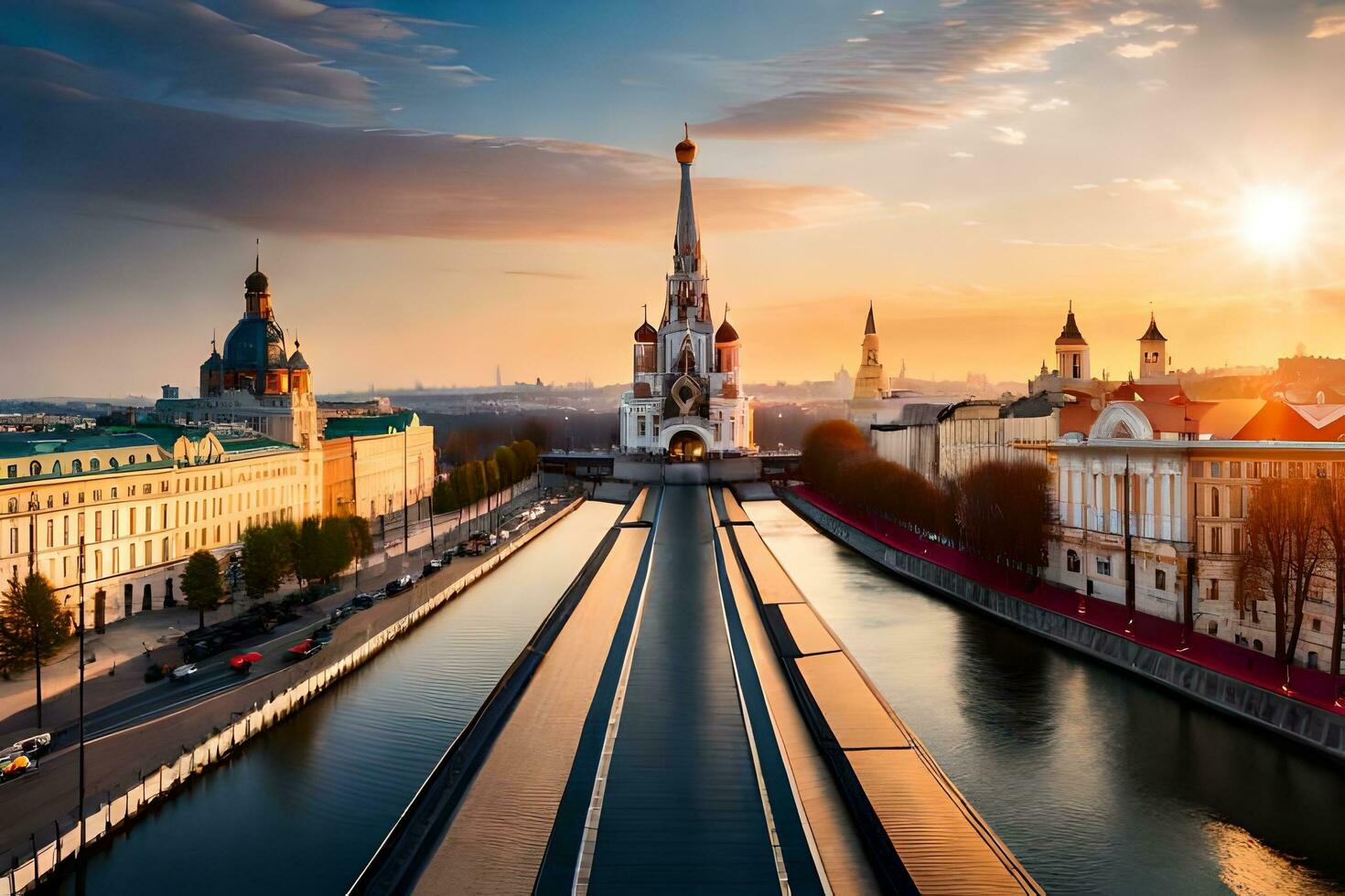 a Sol sobe sobre a cidade do Moscou. gerado por IA foto