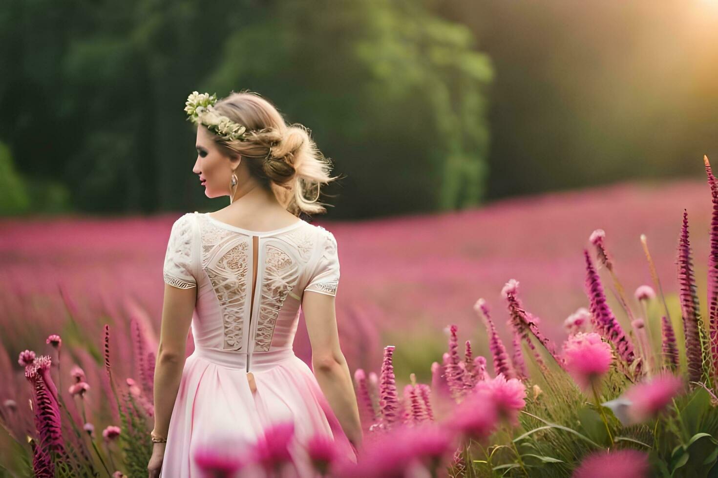 uma mulher dentro uma Rosa vestir é caminhando através uma campo do flores gerado por IA foto