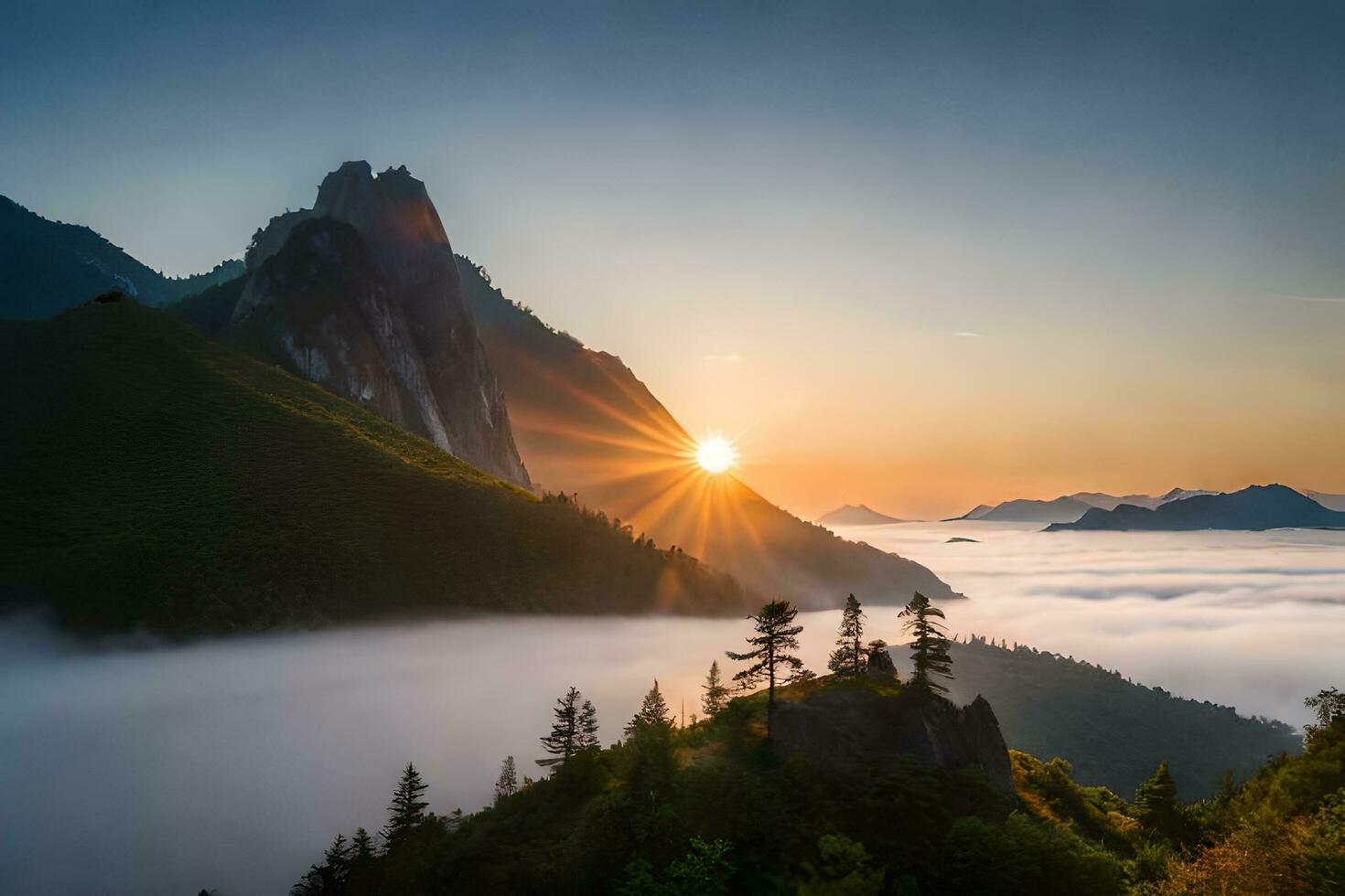 a Sol sobe sobre a montanhas dentro isto foto. gerado por IA foto