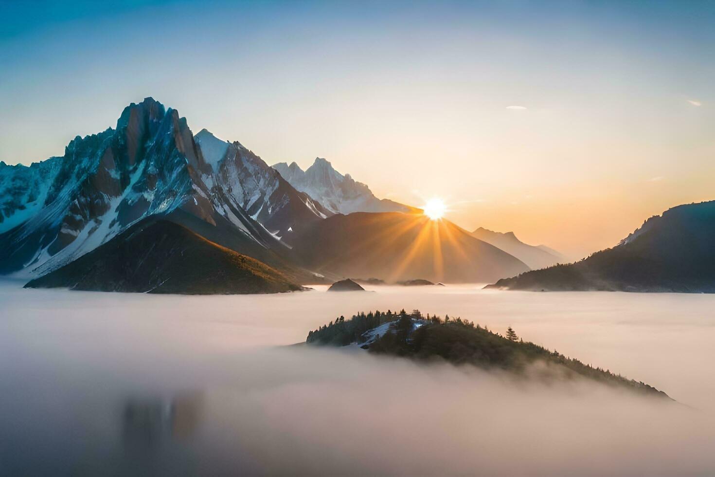 a Sol sobe sobre uma montanha alcance com névoa. gerado por IA foto