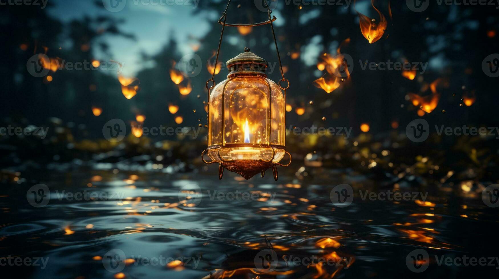 em uma ainda noite, a suave brilho do uma lanterna reflete fora a calma águas, iluminador a Trevas com Está □ Gentil luz, ai generativo foto