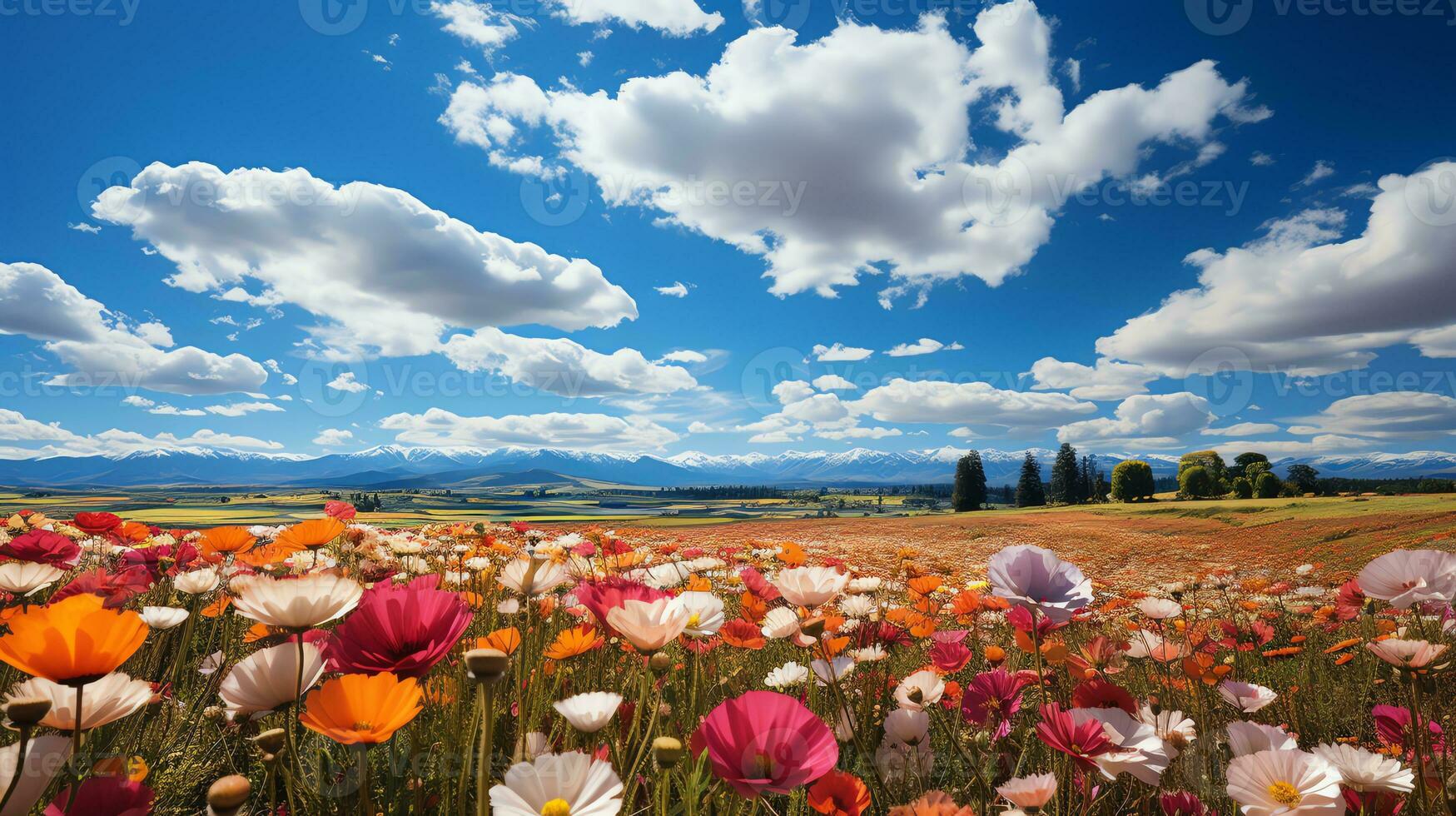 uma campo do papoilas com uma azul céu dentro a fundo ai generativo foto