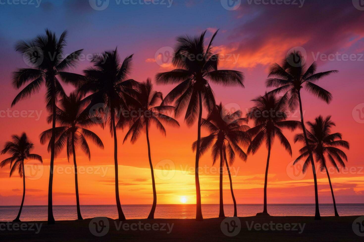 pôr do sol céu fundo com recortado Palma árvores generativo ai foto
