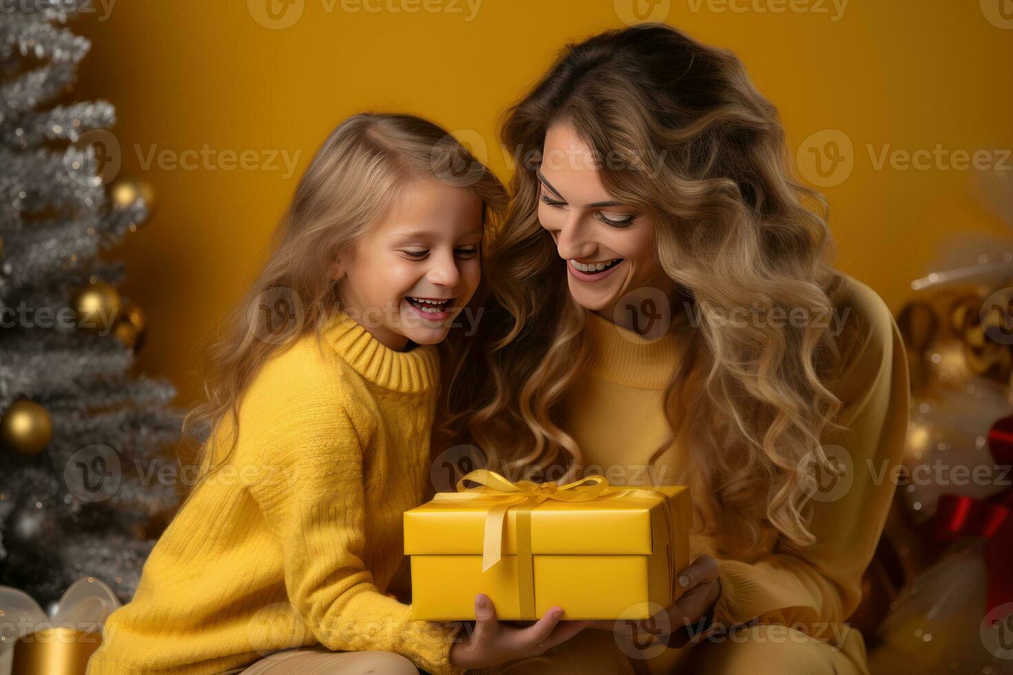 mãe e criança aberto uma presente para Natal, amarelo fundo ai gerado foto