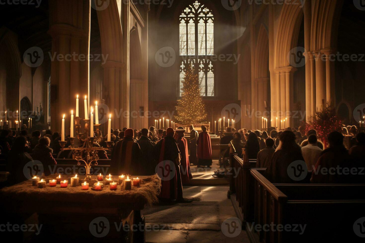 ai generativo encantador imagem do uma Igreja meia noite Natal serviço foto