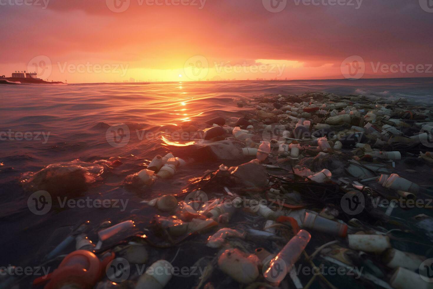 pôr do sol sobre poluído litoral revela de Meio Ambiente danificar ai generativo foto