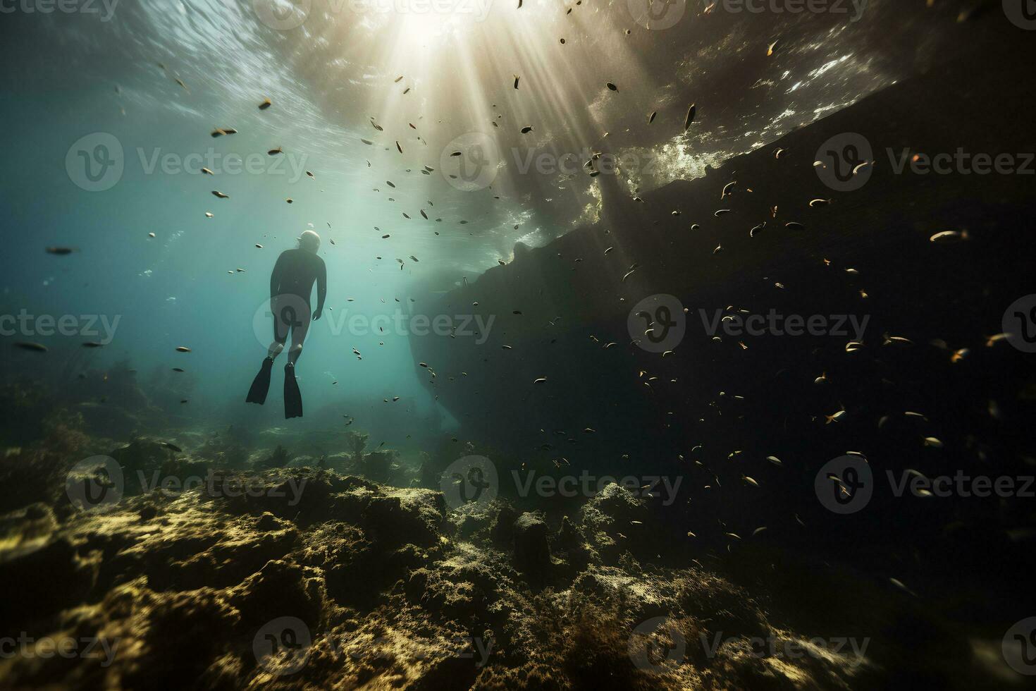 livre mergulhador explorando uma naufrágio ai generativo foto