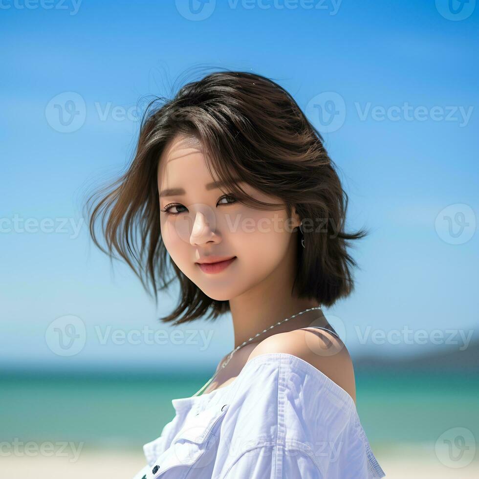 lindo ásia menina desfrutando verão dentro a de praia ai generativo foto