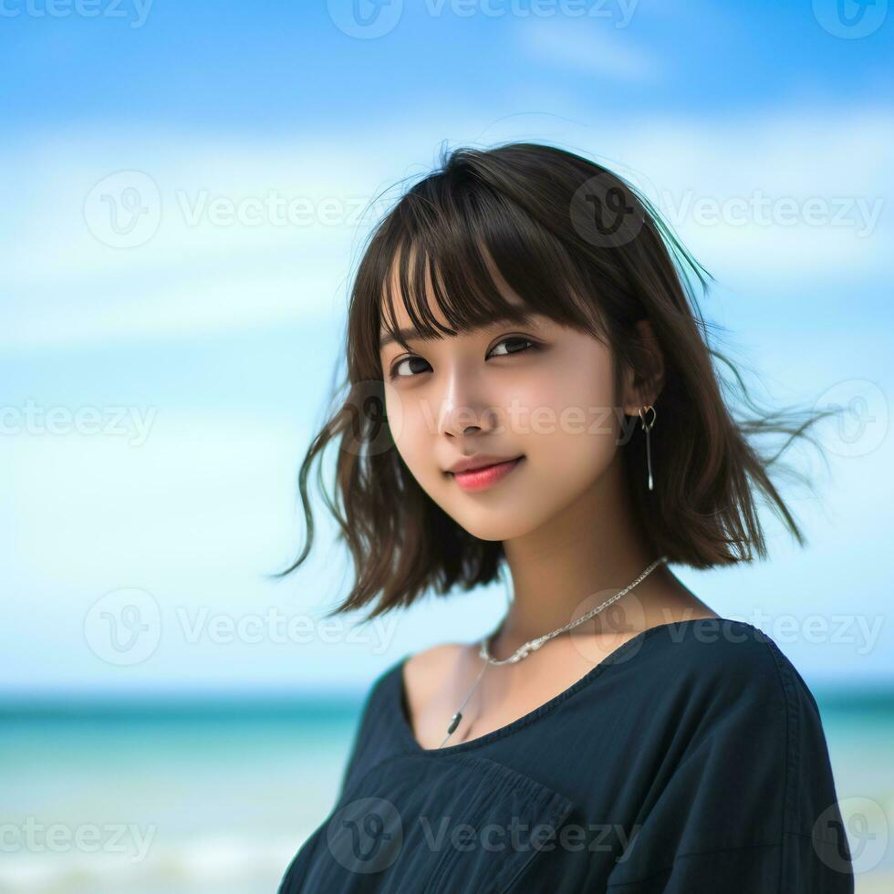 lindo ásia menina desfrutando verão dentro a de praia ai generativo foto