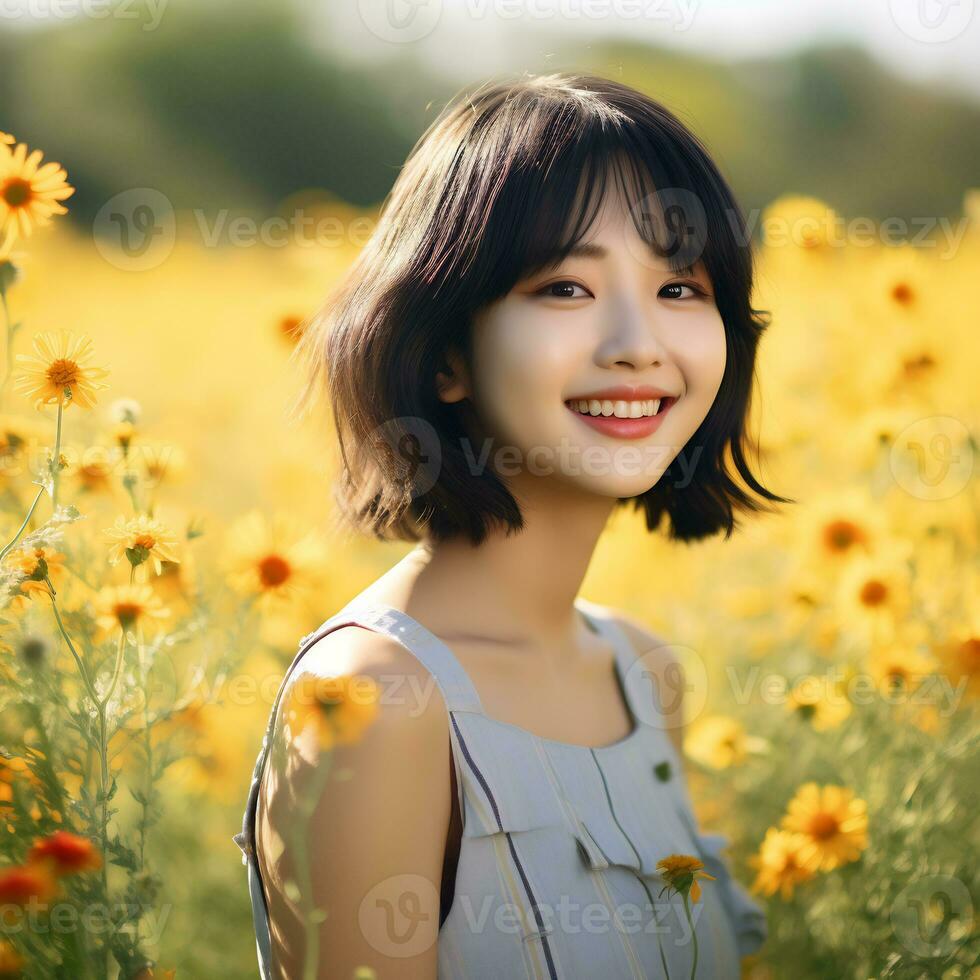 lindo ásia menina dentro flor jardim ai generativo foto