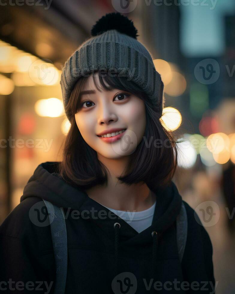 uma alegre coreano menina vestindo moletom com capuz e tricotar chapéu ai generativo foto