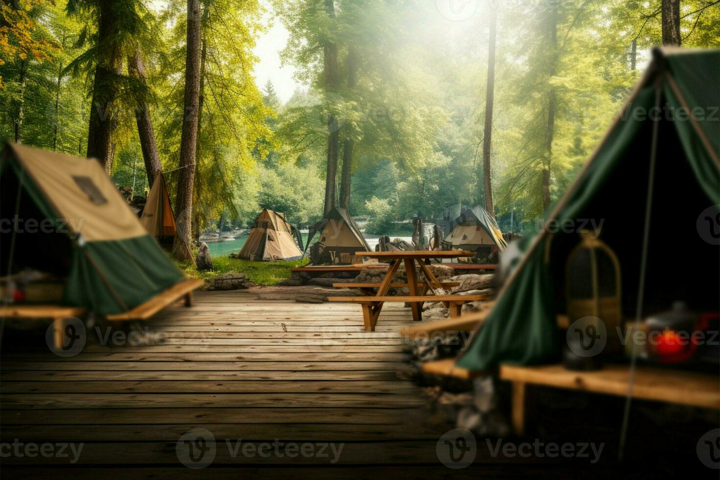 acampamento tranquilidade tendas dentro uma arborizado área com uma rústico mesa ai gerado foto