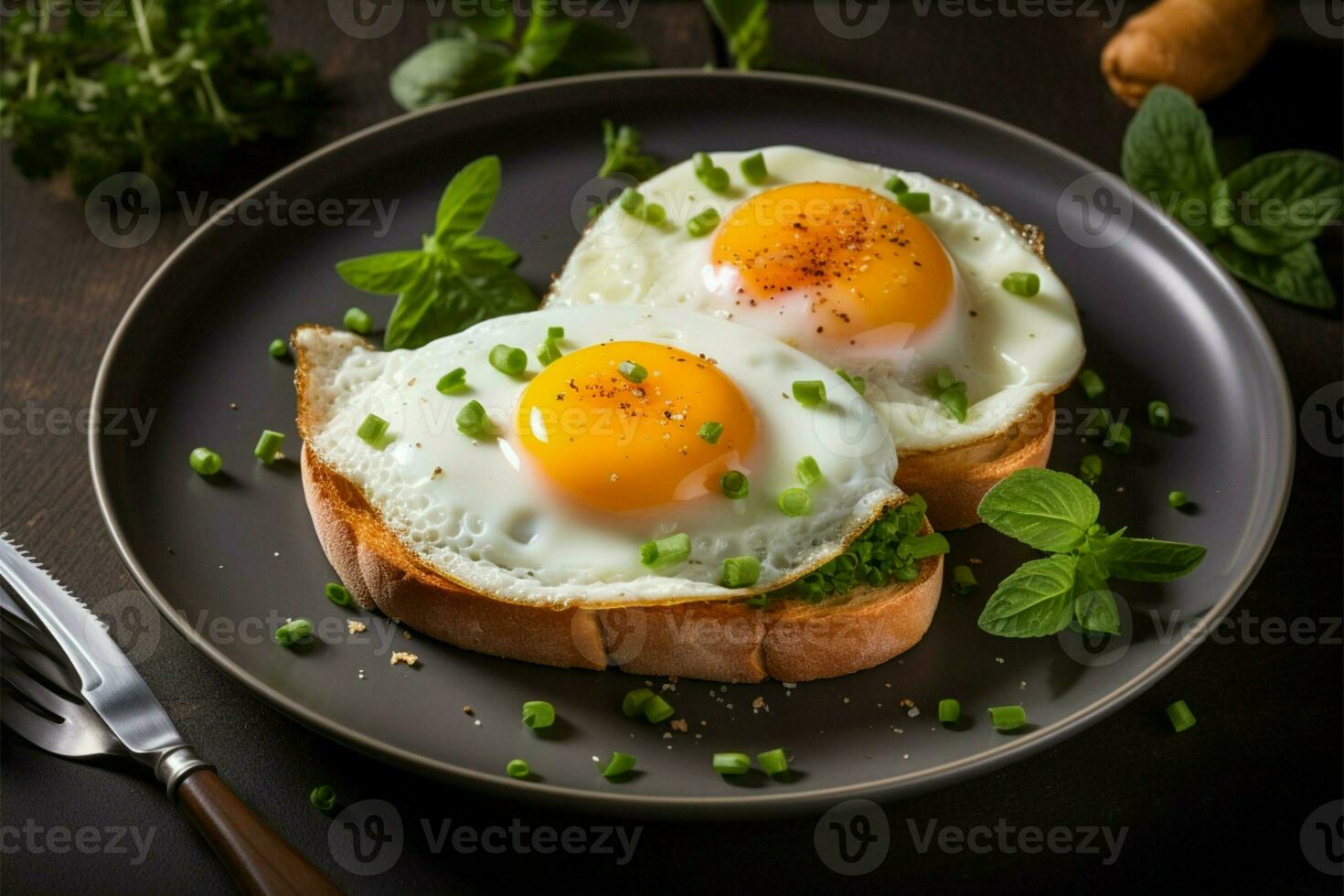 manhã refeição características delicioso frito ovos servido em uma café da manhã prato ai gerado foto