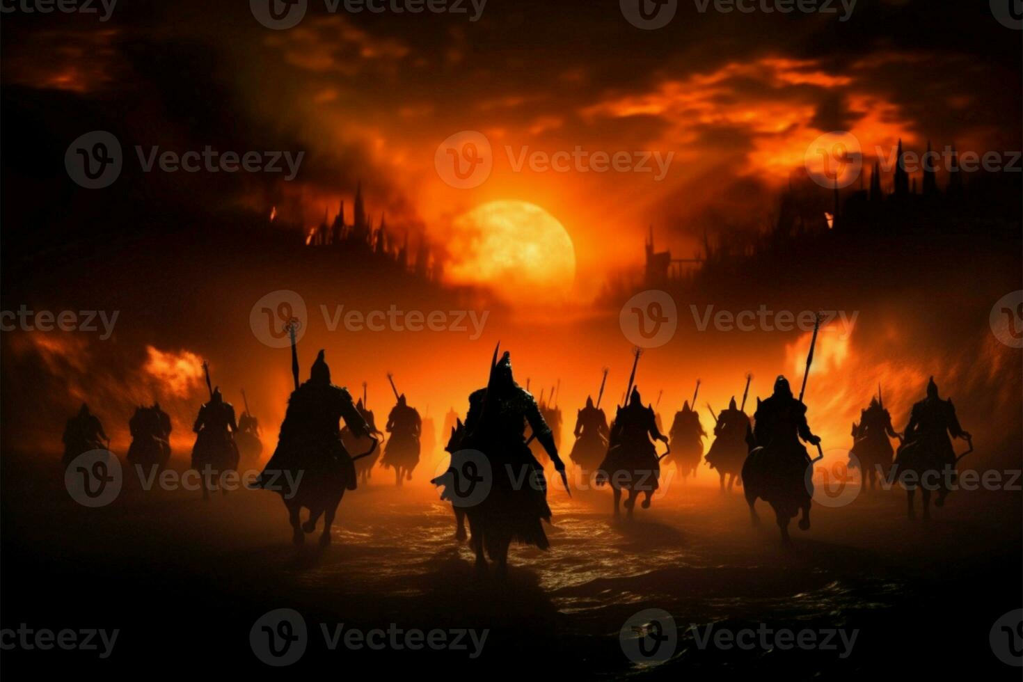 noturno medieval batalha, recortado cavalaria e infantaria salário guerra ai gerado foto